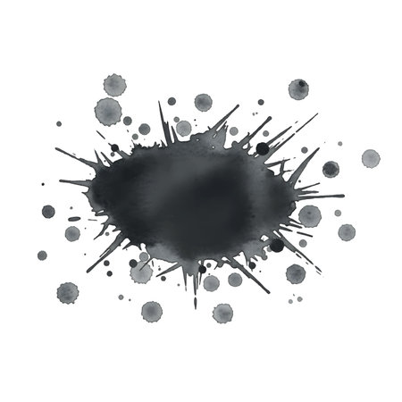 Abstract black ink splash blot splatter explosion design element liquid stain dark watercolor texture messy paint droplets.のイラスト素材