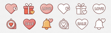 Love related icons, hearts, gift boxes, and bells, flat cartoon vector art. Notification heart icons, sale bell. Set of valentine symbols, outline and colored.のイラスト素材