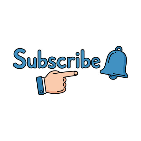 Subscribe button, hand pointing finger, and notification bell icon. call to action for social media channels, online content, and video platforms.のイラスト素材