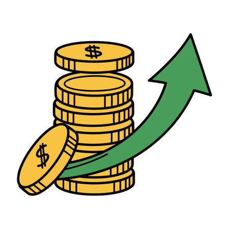 Economic prosperity concept showing stack of golden dollar coins and upward trending green arrow. Visual representation of investment profit savings and market success.のイラスト素材