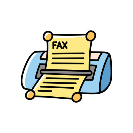 Fax machine with paper output displaying word FAX. Represents telecopying documents and business communication. Simple drawing with blue, yellow, and pastel colors.のイラスト素材