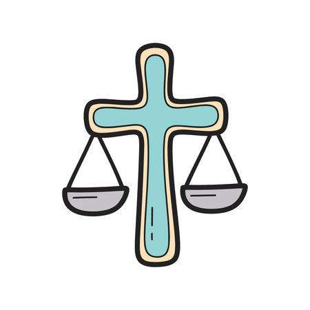 Law and faith illustration featuring balance scales on teal cross, legal system icon with moral values, equality and truth concept, isolated religious justice emblemのイラスト素材