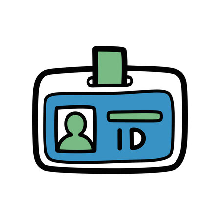 Hand drawn colorful identity card icon, office id badge illustration, plastic employee tag with photo and text placeholder, security access card, professional doodle artのイラスト素材