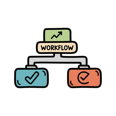 Business workflow diagram, process steps, decision points, growth chart, up arrow symbol, check...