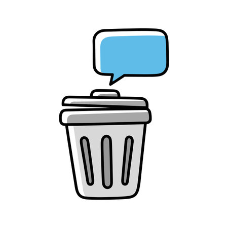 Garbage bin with lid open, a blue speech bubble hovering above, symbolizing deleting messages, clearing chat history, or removing unwanted content.のイラスト素材