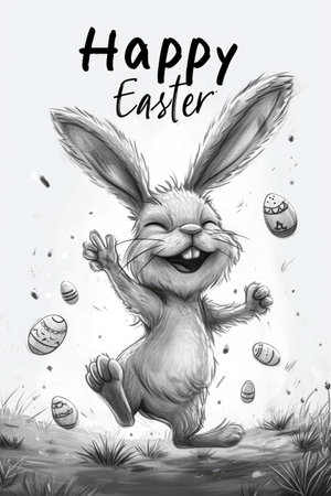 Easter bunny with painted eggs. Hand drawn sketch. Vector illustration.の素材