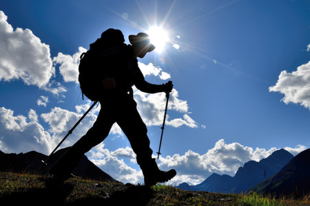 Hiker at the top of a mountain with backpack and trekking polesの素材