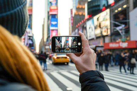 A man taking a picture of Times Square in New York Cityの素材