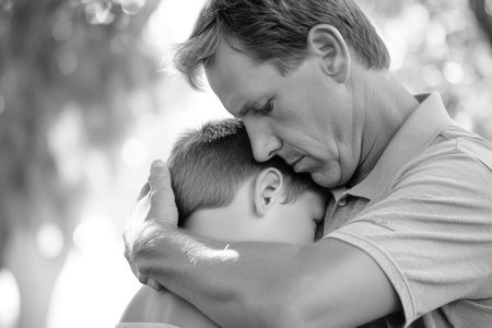 Black and white portrait of father and son hugging each other in parkの素材