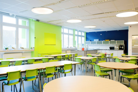 Interior of a modern school classroom with green chairs and tables.の素材
