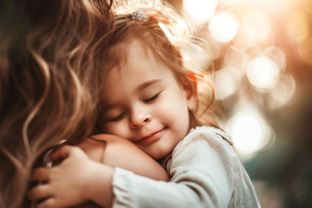 Portrait of a beautiful little girl hugging her mother in the parkの素材