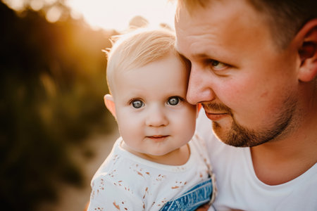 Young father and his adorable little daughter in the park at sunset.の素材