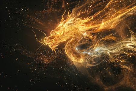 Golden dragon with fire effect. Fantasy fractal texture. Digital art. 3D rendering.の素材