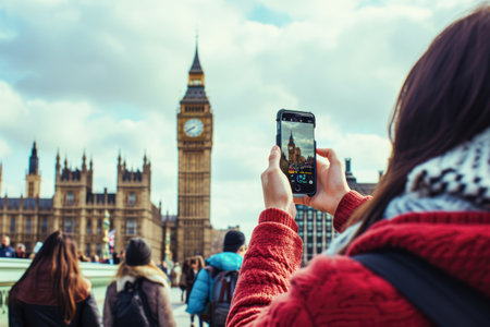 Woman taking photo of Big Ben with mobile phone, London, UKの素材