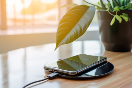 Smartphone charging with power bank on wooden table in modern office.の素材