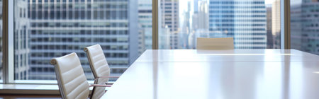 White table and chairs in modern office with city view. 3d renderingの素材