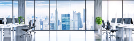 Modern office interior with panoramic window and city view. 3D renderingの素材
