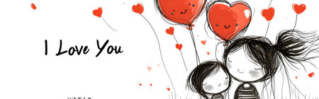 Valentine's day banner with cute little girl and heart shaped balloonsの素材