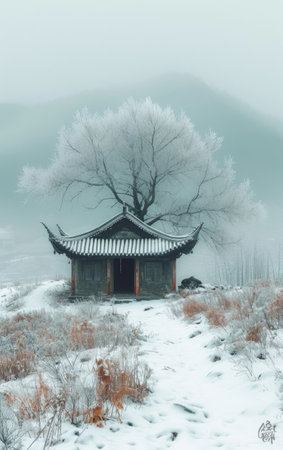 Winter landscape with a lonely house in the fog, South Korea.の素材