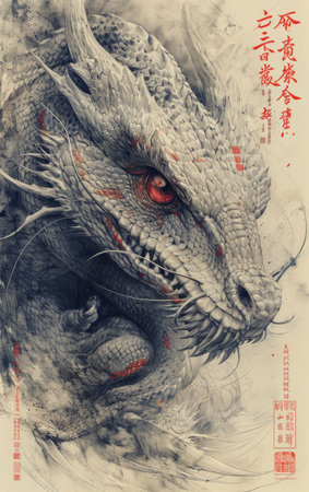 Chinese dragon head in watercolor style. Chinese calligraphy.の素材