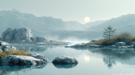 Landscape with lake and mountains in the mist. 3d renderingの素材
