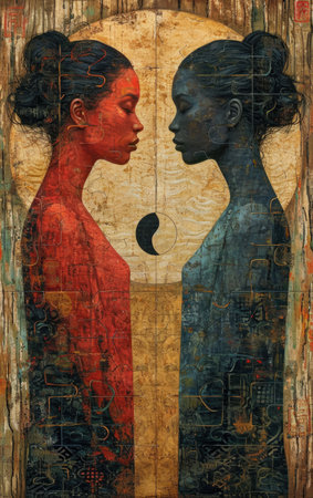 Woman and woman in love looking at each other in front of a wallの素材