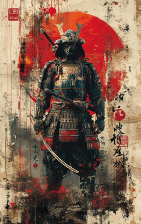 Samurai warrior with sword on grunge background. Japanese style.の素材
