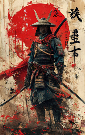 Portrait of a samurai with a sword on a grunge backgroundの素材