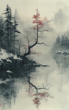 Autumn landscape with foggy forest and lake. Digital painting.の素材