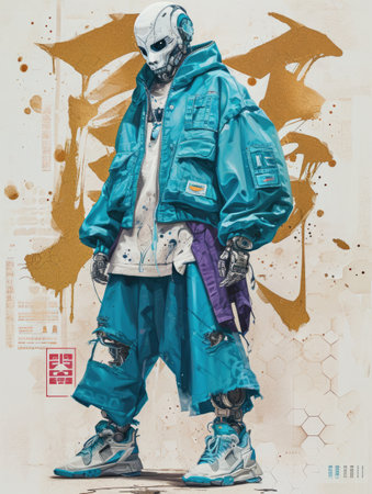 Hooded man in a blue raincoat and sunglasses on a grunge backgroundの素材