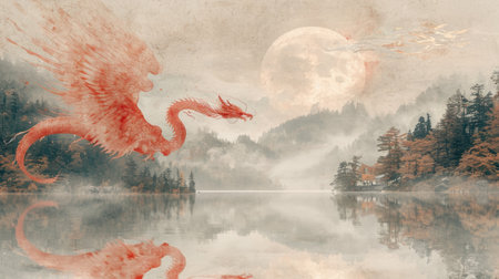 Red dragon on the lake at night with full moon. Digital painting.の素材