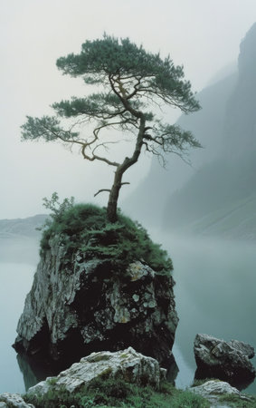 Pine tree on a rock in the mist, Hong Kongの素材