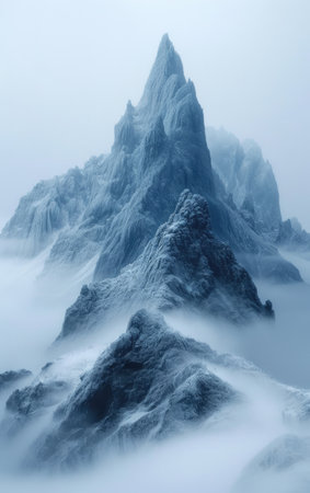 Foggy mountain landscape in the winter, closeup of photoの素材