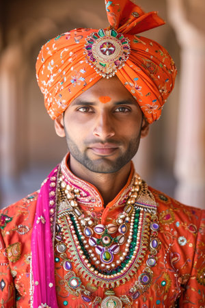Portrait of a handsome Indian man wearing traditional clothes and accessories.の素材