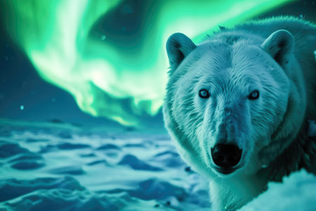 Polar bear on the background of northern lights. Polar bear on the background of northern lightsの素材