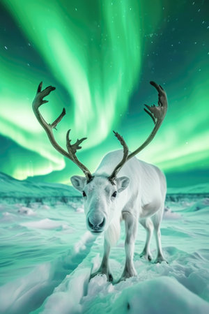 Northern lights over a white reindeer in a snowy landscape.の素材