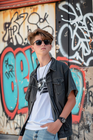 Portrait of a teenage boy in sunglasses on a background of graffitiの素材