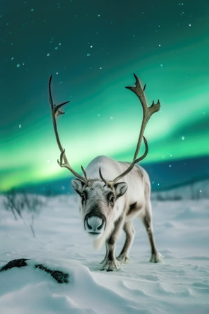 Northern lights over reindeer in snowy landscape. Christmas background.の素材