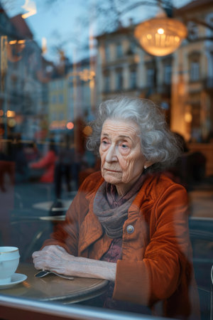 Portrait of an elderly woman sitting in a cafe on the street.の素材