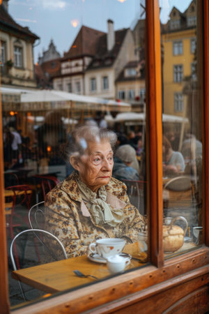 Elderly woman sitting in a cafe in the old town of Bern, Switzerland.の素材