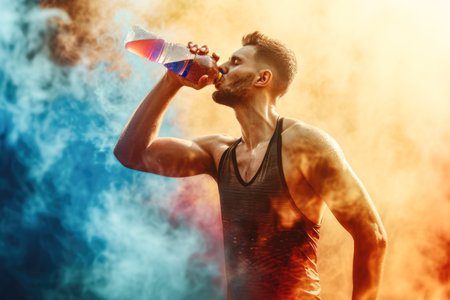 athletic man drinks water from a bottle on a colored backgroundの素材