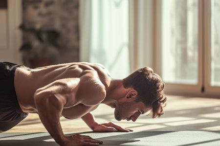 Young Man Doing Pushups As Part Of Bodybuilding Training At Homeの素材