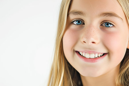 Portrait of a cute little girl smiling at the camera on white backgroundの素材