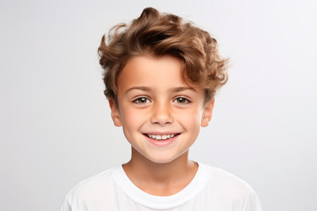 Portrait of a cute little boy with curly hair on a white backgroundの素材