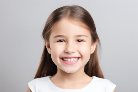 Portrait of a smiling little girl on a gray background. Copy space.の素材