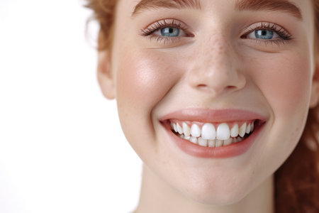 Close-up of a smiling young woman with white teeth on white backgroundの素材