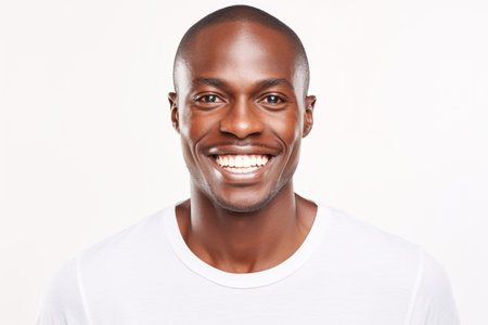 Close up portrait of a happy young African American man smiling isolated on white backgroundの素材