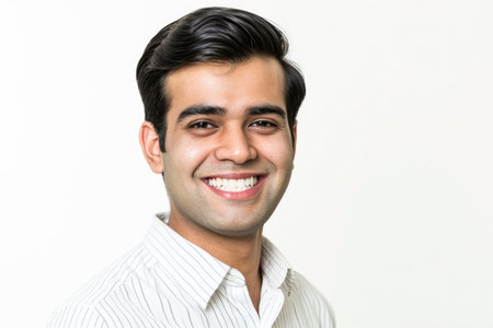Portrait of a young Indian man smiling at the camera on white backgroundの素材