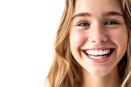 Portrait of a happy young woman smiling isolated on white background.の素材