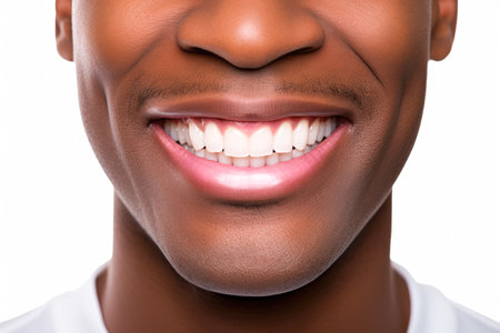 Close-up of smiling young African American man with healthy teeth on white backgroundの素材
